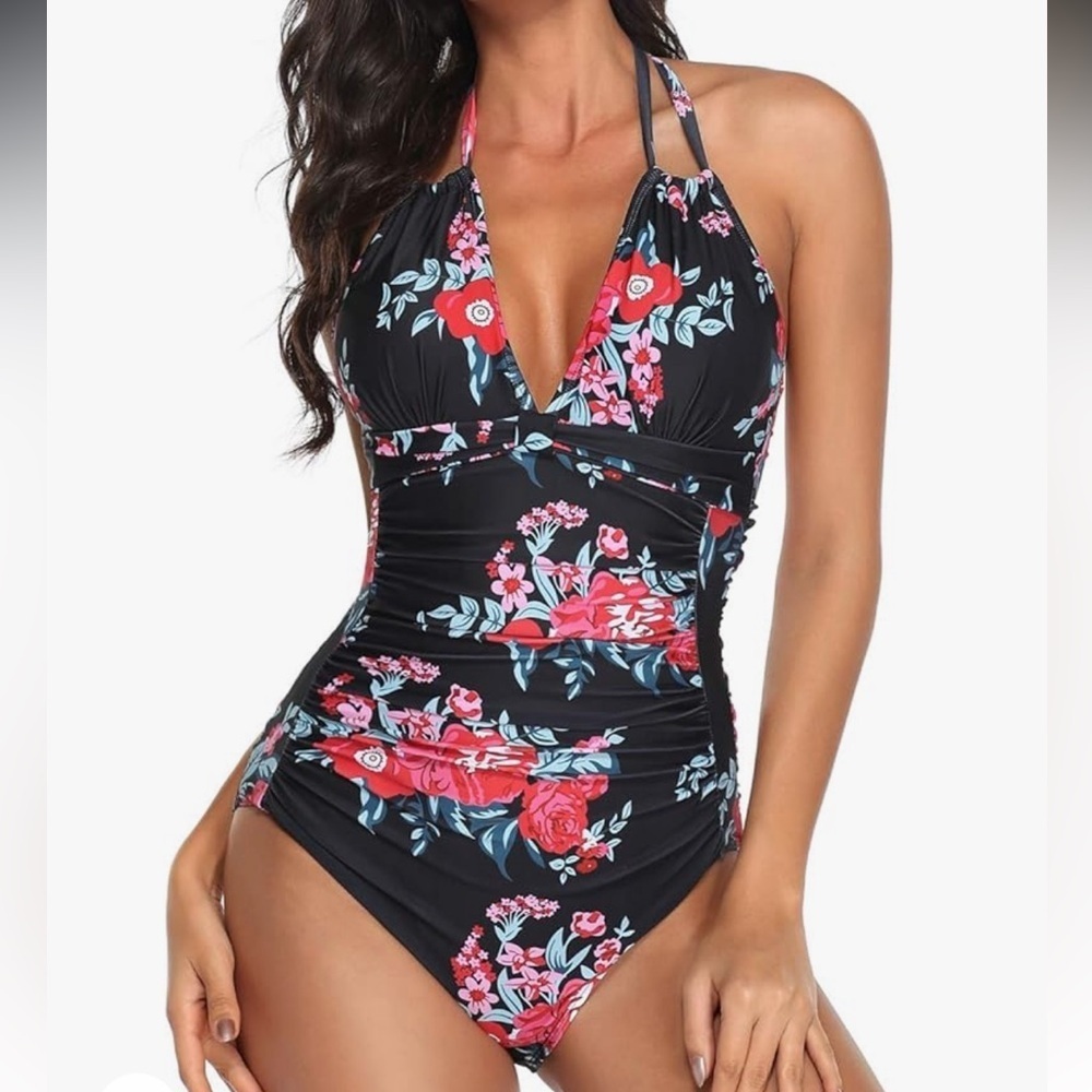 Smismivo Tummy Control Swimwear Halter One Piece Ruched Slimming Bathing Suit XL